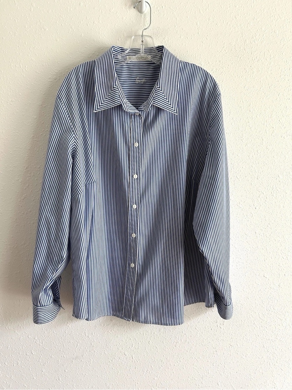Foxcroft Blue and White Vertical Stripe Button-Down Shirt